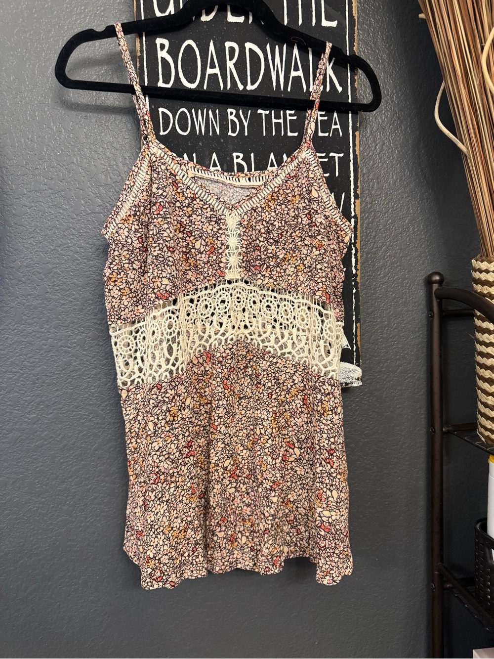 Floral Crochet-Detail Cami Tank Top - Cream & Multi Medium